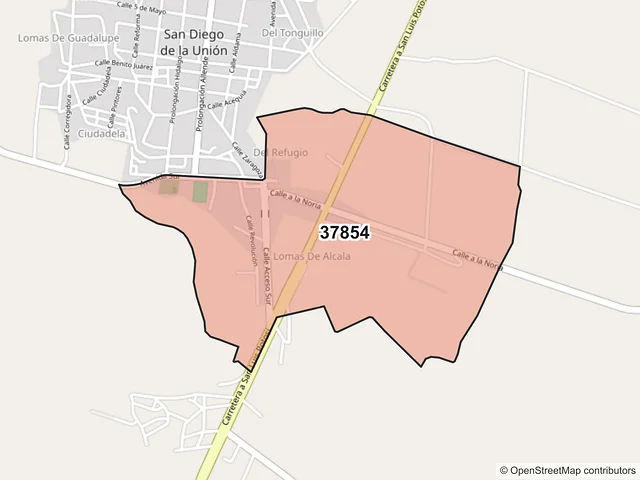 Mapa del código postal 37854, San Diego de la Unión, Guanajuato