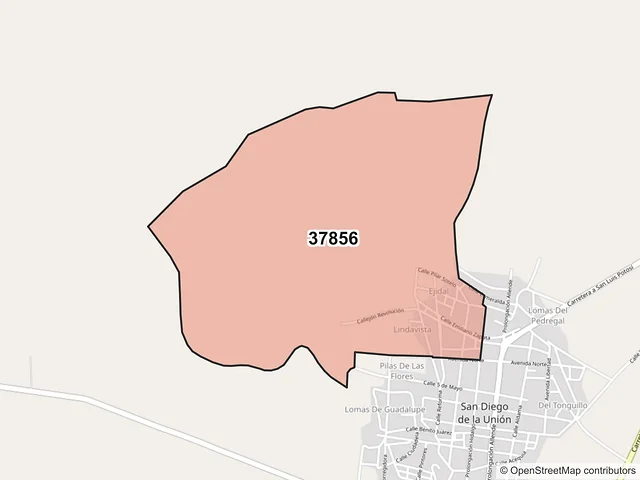Mapa del código postal 37856, San Diego de la Unión, Guanajuato