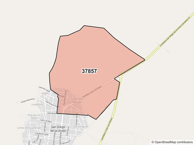 Mapa del código postal 37857, San Diego de la Unión, Guanajuato