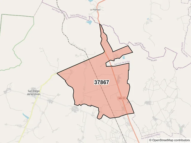 Mapa del código postal 37867, San Diego de la Unión, Guanajuato