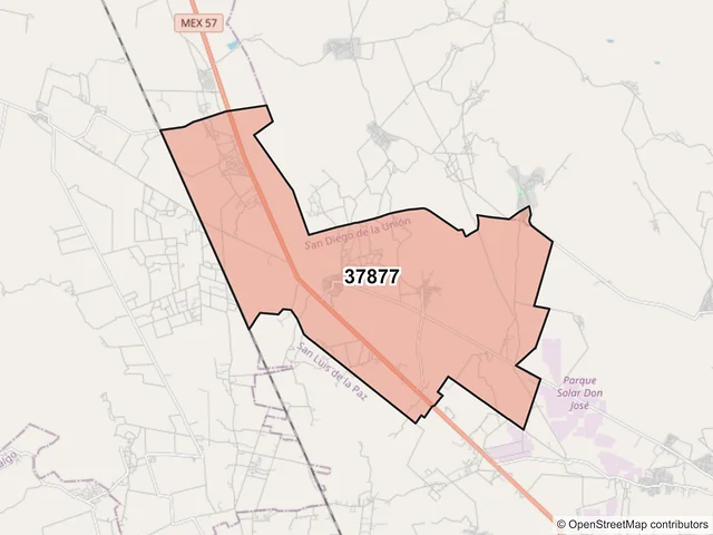 Mapa del código postal 37877, San Diego de la Unión, Guanajuato