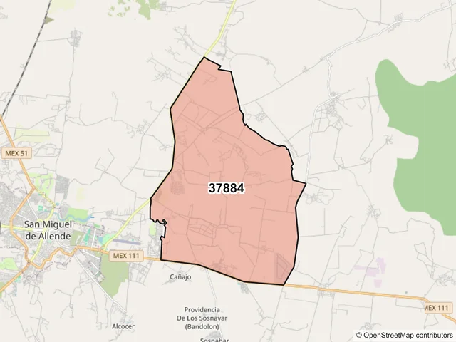 Mapa del código postal 37884, San Miguel de Allende, Guanajuato