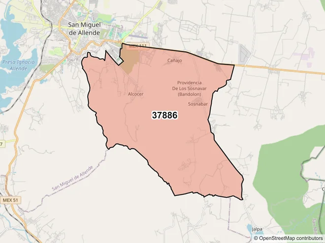 Mapa del código postal 37886, San Miguel de Allende, Guanajuato