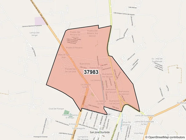 Mapa del código postal 37983, San José Iturbide, Guanajuato