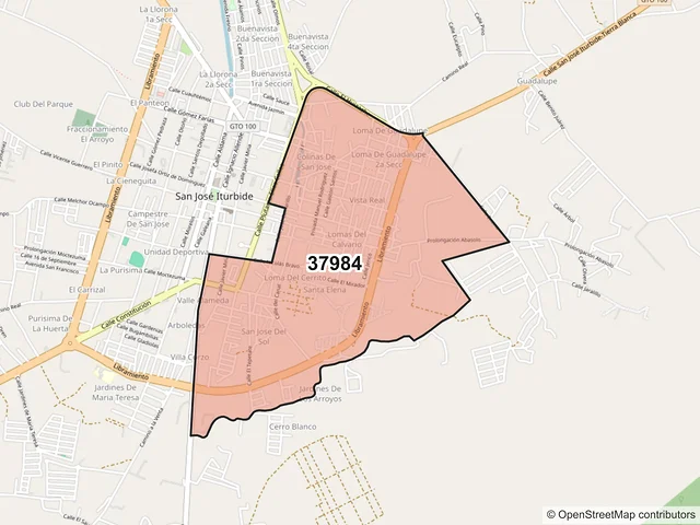 Mapa del código postal 37984, San José Iturbide, Guanajuato