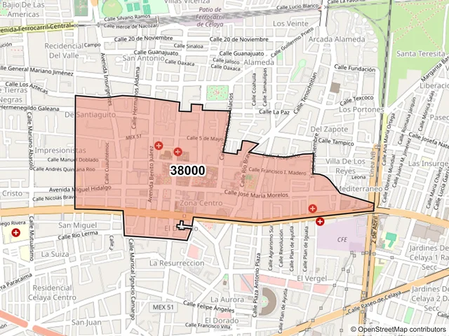 Mapa del código postal 38000, Celaya, Guanajuato