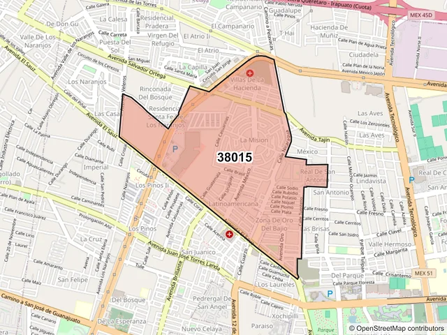 Mapa del código postal 38015, Celaya, Guanajuato