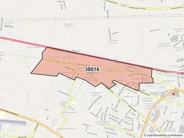 Mapa del código postal 38016, Celaya, Guanajuato
