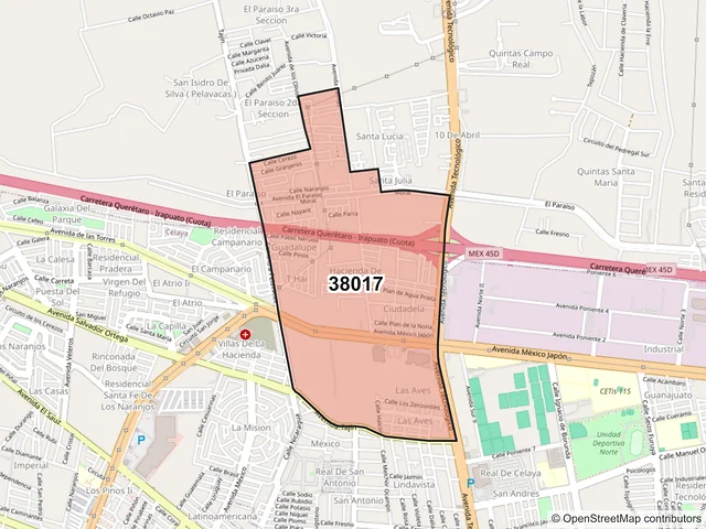 Mapa del código postal 38017, Celaya, Guanajuato