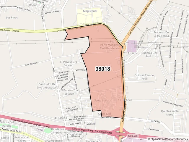Mapa del código postal 38018, Celaya, Guanajuato