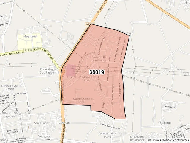 Mapa del código postal 38019, Celaya, Guanajuato