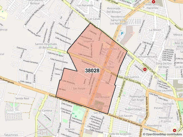 Mapa del código postal 38028, Celaya, Guanajuato