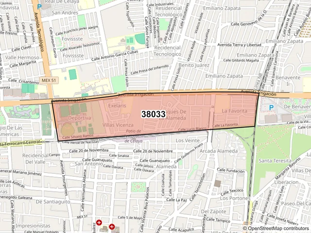 Mapa del código postal 38033, Celaya, Guanajuato