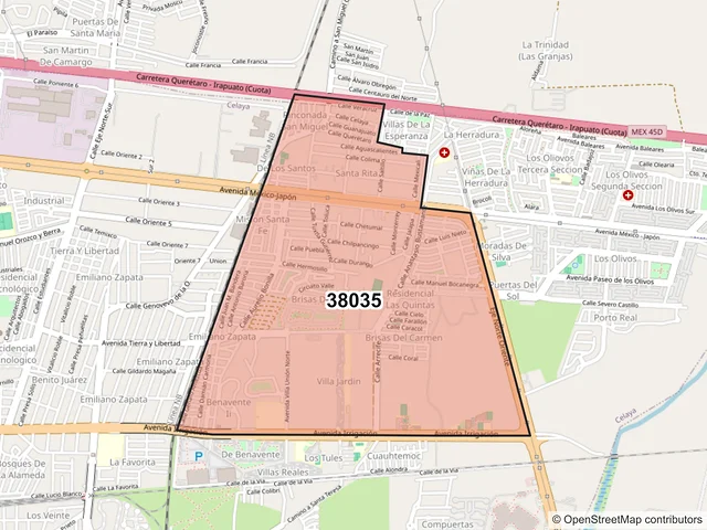Mapa del código postal 38035, Celaya, Guanajuato