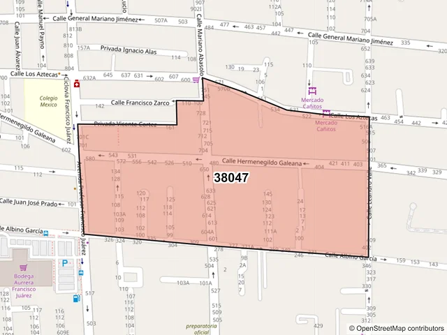 Mapa del código postal 38047, Celaya, Guanajuato