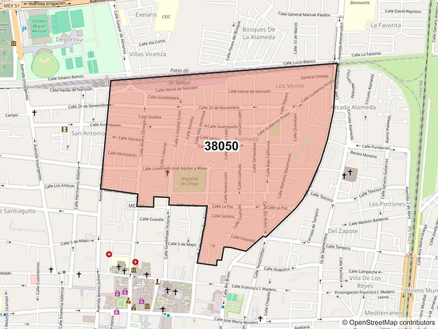 Mapa del código postal 38050, Celaya, Guanajuato