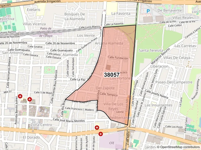 Mapa del código postal 38057, Celaya, Guanajuato