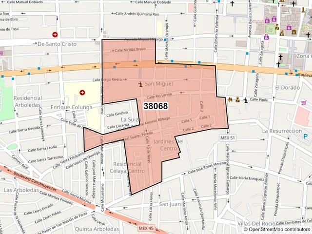Mapa del código postal 38068, Celaya, Guanajuato