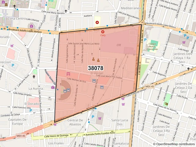 Mapa del código postal 38078, Celaya, Guanajuato