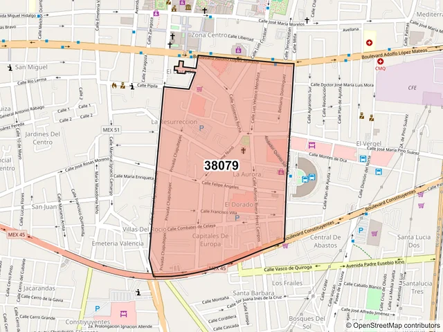 Mapa del código postal 38079, Celaya, Guanajuato