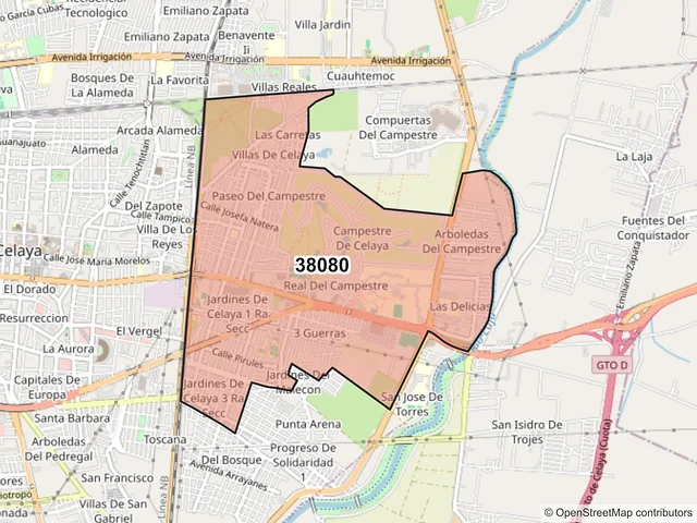 Mapa del código postal 38080, Celaya, Guanajuato