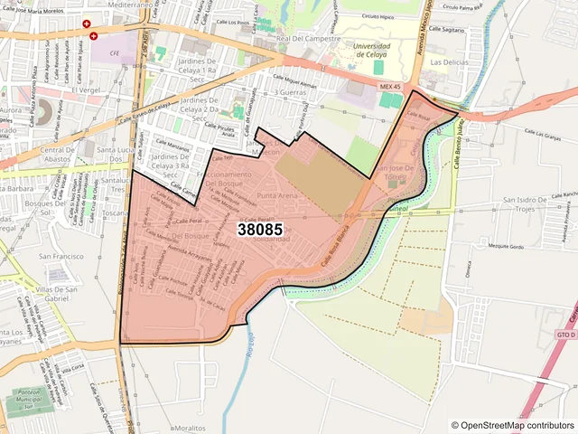 Mapa del código postal 38085, Celaya, Guanajuato