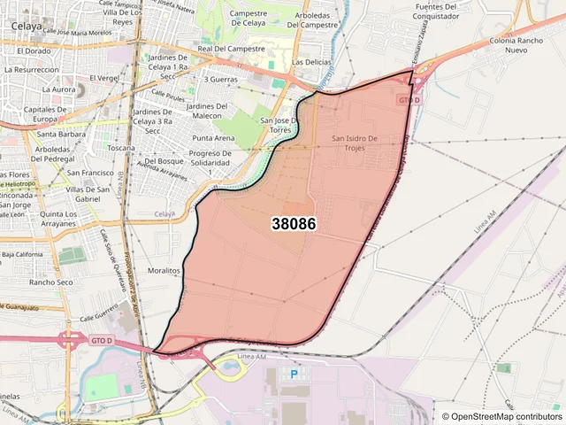 Mapa del código postal 38086, Celaya, Guanajuato