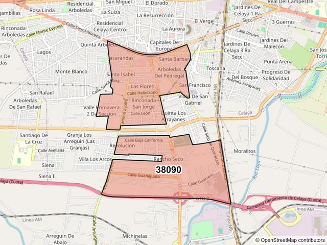 Mapa del código postal 38090, Celaya, Guanajuato