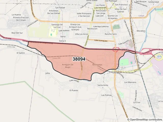 Mapa del código postal 38094, Celaya, Guanajuato