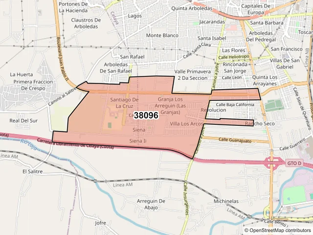 Mapa del código postal 38096, Celaya, Guanajuato