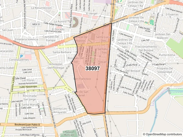 Mapa del código postal 38097, Celaya, Guanajuato