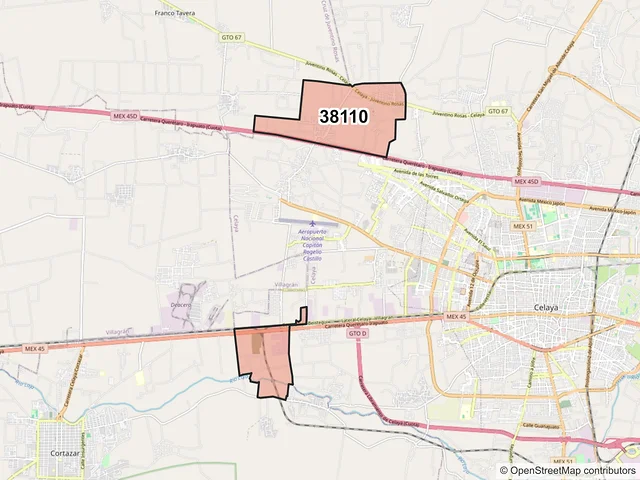 Mapa del código postal 38110, Celaya, Guanajuato