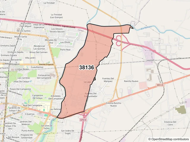 Mapa del código postal 38136, Celaya, Guanajuato