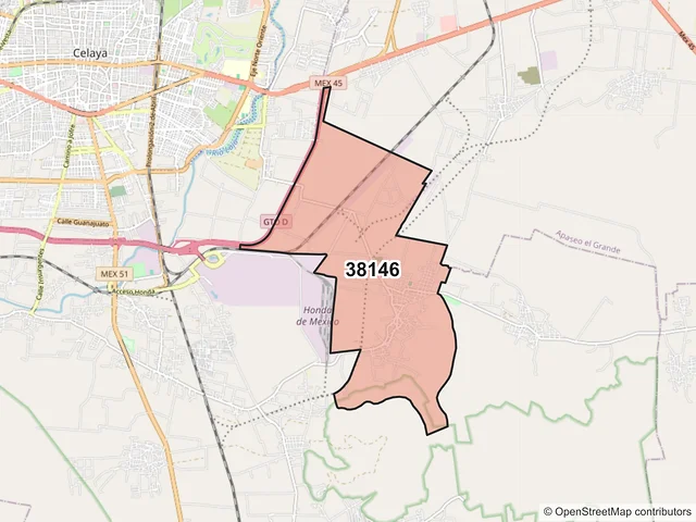 Mapa del código postal 38146, Celaya, Guanajuato