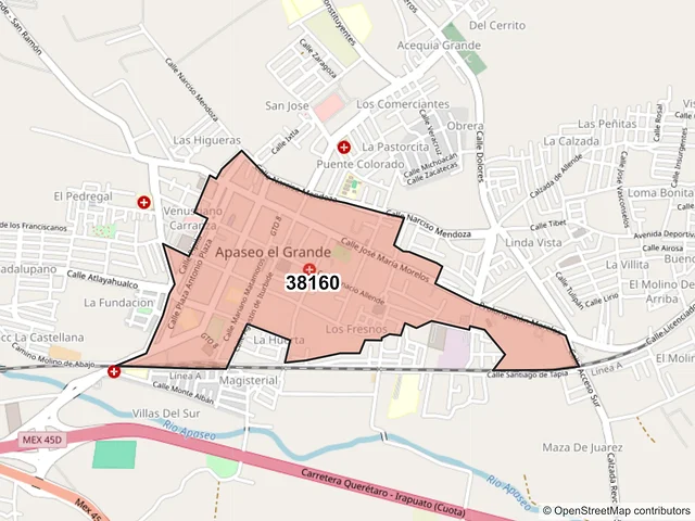 Mapa del código postal 38160, Apaseo el Grande, Guanajuato