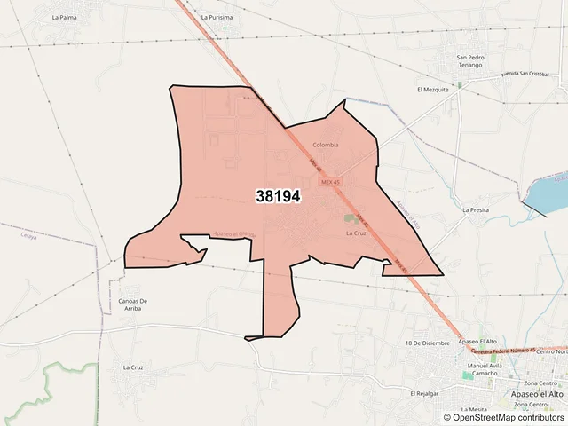 Mapa del código postal 38194, Apaseo el Grande, Guanajuato