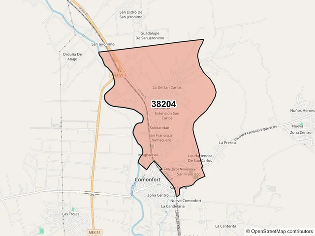 Mapa del código postal 38204, Comonfort, Guanajuato