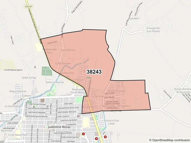 Mapa del código postal 38243, Santa Cruz de Juventino Rosas, Guanajuato