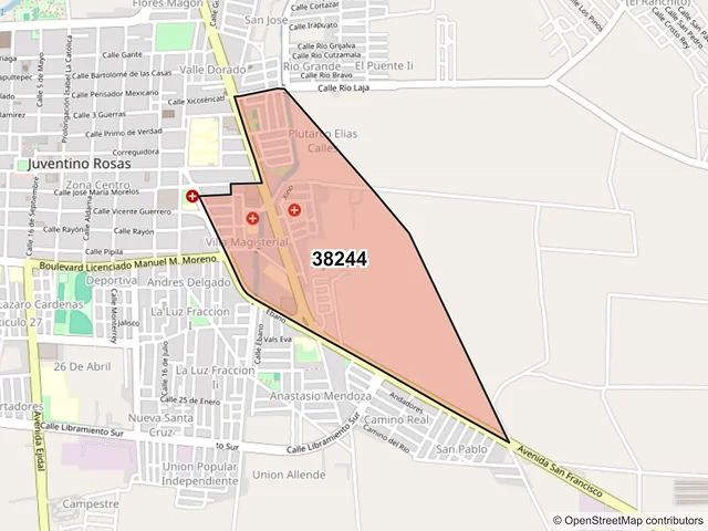 Mapa del código postal 38244, Santa Cruz de Juventino Rosas, Guanajuato