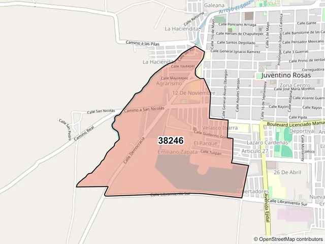 Mapa del código postal 38246, Santa Cruz de Juventino Rosas, Guanajuato