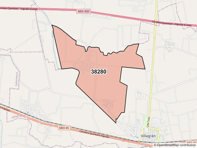 Mapa del código postal 38280, Villagrán, Guanajuato
