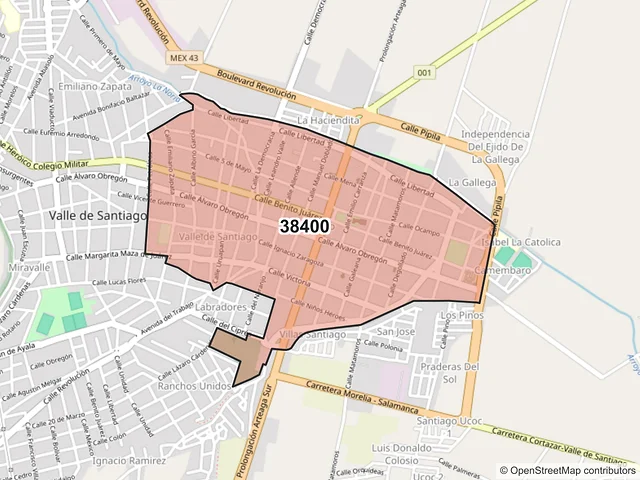 Mapa del código postal 38400, Valle de Santiago, Guanajuato