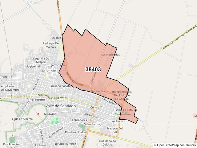 Mapa del código postal 38403, Valle de Santiago, Guanajuato