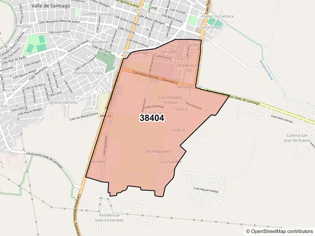 Mapa del código postal 38404, Valle de Santiago, Guanajuato