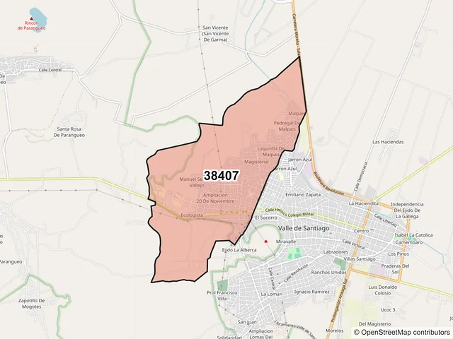 Mapa del código postal 38407, Valle de Santiago, Guanajuato