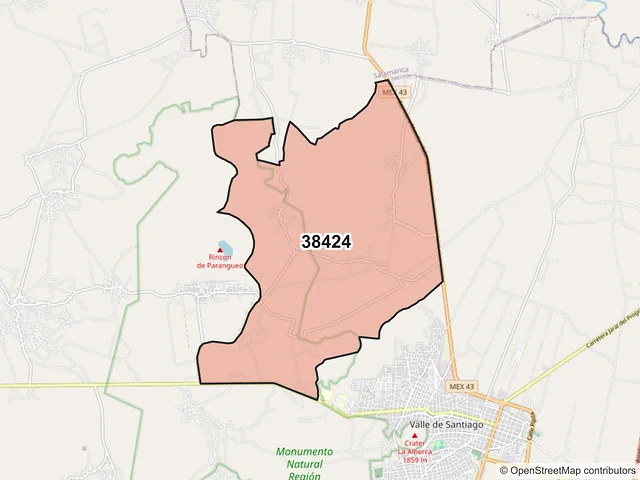 Mapa del código postal 38424, Valle de Santiago, Guanajuato