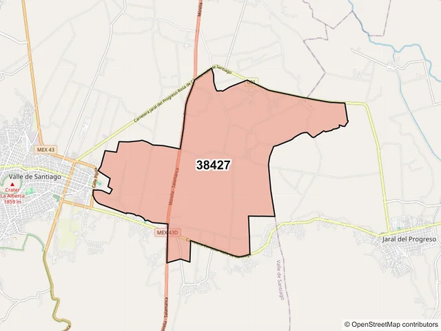 Mapa del código postal 38427, Valle de Santiago, Guanajuato