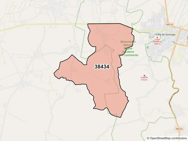 Mapa del código postal 38434, Valle de Santiago, Guanajuato