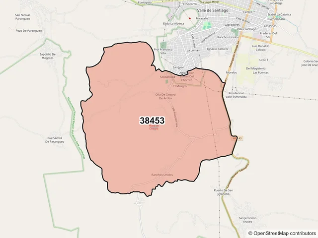 Mapa del código postal 38453, Valle de Santiago, Guanajuato