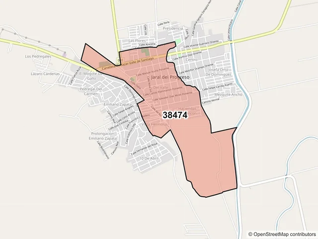 Mapa del código postal 38474, Jaral del Progreso, Guanajuato